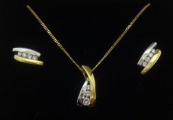 A contemporary 18ct white and yellow gold diamond set pendant and a pair of matching earrings.