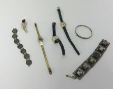 A ladies Majex wristwatch also an unmarked wedding band yellow metal, other general jewellery and