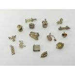 A collection of fifteen various silver charms.