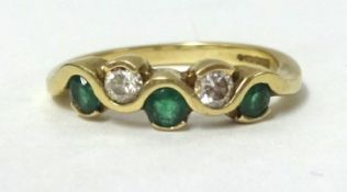 9ct Emerald and diamond five stone ring, finger size N