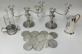 Silver plated wares including a pair of three branch candelabra, coffee pot, coasters and silver