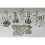 Silver plated wares including a pair of three branch candelabra, coffee pot, coasters and silver