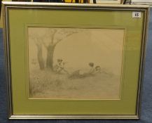 C.Sawnton, three pencil pictures of three fauns and two female nudes 1893 largest 28cm x 36cm,