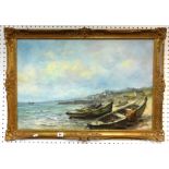 Allon?, 20th Century signed oil on canvas, fishing boats beached on the coast, 50cm x 76cm.