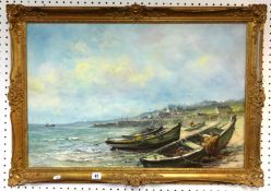 Allon?, 20th Century signed oil on canvas, fishing boats beached on the coast, 50cm x 76cm.