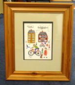 Brian Pollard, signed watercolour 1991, Cyclist and Bread Shop, 17cm x 13cm, This painting is