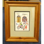 Brian Pollard, signed watercolour 1991, Cyclist and Bread Shop, 17cm x 13cm, This painting is