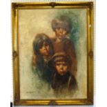 Barry Leighton-Jones, signed oil on canvas, 'Three Children', 100cm x 74cm, in original gilt frame.