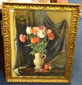 Cath B Gulley RWA (fl. 1908-1928), signed watercolour, still life, flowers in a jug, paper label
