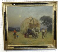 Signed 'Swaish', a large oil on canvas dated 1923, 'Hay Harvesting', 95cm x 108cm.