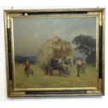 Signed 'Swaish', a large oil on canvas dated 1923, 'Hay Harvesting', 95cm x 108cm.