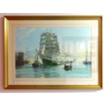 After Montague Dawson, open print, large marine scene 'Sailing Ships', 50cm x 77cm.