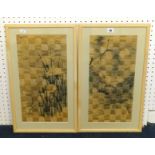 A pair of Chinese silk work pictures of interwoven design depicting birds, 49cm x 24cm.