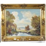 A signed 20th century oil on canvas, river landscape in ornate gilt frame, 40cm x 52cm.