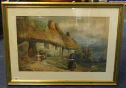 T.H.Mole, Victorian watercolour, signed and dated 1855,'Lady with fish before a thatched cottage',