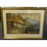 T.H.Mole, Victorian watercolour, signed and dated 1855,'Lady with fish before a thatched cottage',