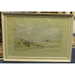 Signed watercolour McCarther?, boats on the beach, 34cm x 80cm.