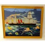 Beryl Cook (1926-2008), wool work tapestry, Steam Ship, Mermaids and Dolphins, 47cm x 60cm,