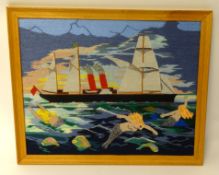 Beryl Cook (1926-2008), wool work tapestry, Steam Ship, Mermaids and Dolphins, 47cm x 60cm,