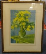 A signed coloured print after Augustus John, 'Still life with jug of mimosa', signed in pencil