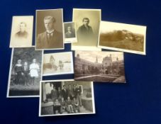 A collection of WWI & later postcards, a drawing instrument set etc.