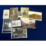 A collection of WWI & later postcards, a drawing instrument set etc.