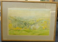 Mary Martin (born 1951) signed watercolour, 'Cornish Landscape View', 37cm x 55cm