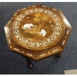 Anglo Indian hardwood and bone inlaid low table decorated with elephants.