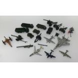 A collection of playworn, Dinky, Britain's and other military items, plus some model aircraft.