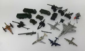 A collection of playworn, Dinky, Britain's and other military items, plus some model aircraft.