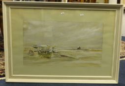 Signed watercolour McCarther?, boats on the beach, 34cm x 80cm