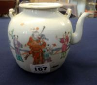 A 19th Century Chinese porcelain tea pot, decorated with figures, with character mark to the base.
