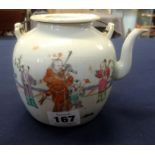 A 19th Century Chinese porcelain tea pot, decorated with figures, with character mark to the base.