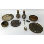 A mixed lot including brassware, enamel wares, silver plated spoon, mini bricks no 1 boxed