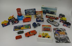A tray of various toys, mainly Corgi plus a bag of plastic figures and a Heller Jaguar XJS plastic