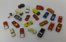 Two trays of playworn, Matchbox and Corgi junior toys etc (approx 50 items).