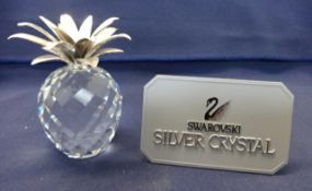 Swarovski Crystal Glass, small pineapple with silver leaves, boxed.