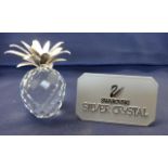 Swarovski Crystal Glass, small pineapple with silver leaves, boxed.