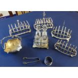 Assorted silver plated toast racks, metal wares, cruet etc.