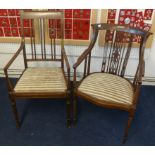 Two Edwardian inlaid mahogany elbow chairs.