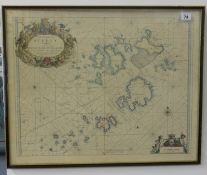 Antiquarian map, The Islands Of Scilly, Captain Greenville Collins, hand coloured, dedicated to 'His