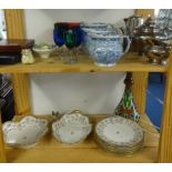 A mixed lot, Shelley Intarsio table lamp, three graduated blue and white jugs, part dinner wares,