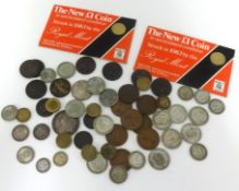 A tub of various general English and foreign coins, 20th Century, including six pence's, pennies