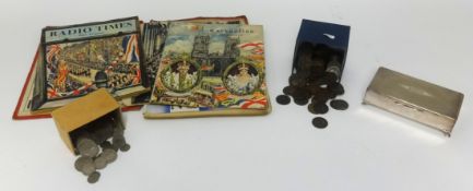 A mixed lot including various general coins, darts, hearts, cigarette box, etc and Radio Times