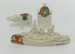 Crested ware, Carlton HMS Lion frigate and two other crested pieces (3).
