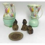 Pair of Art Deco style pottery vases also four unglazed Poole Pottery ornaments (6).