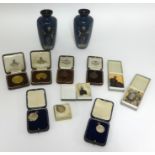 A collection of various silver and other sports medallions, including Plymouth, also a pair of