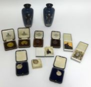 A collection of various silver and other sports medallions, including Plymouth, also a pair of