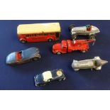 Schuco, a Studio 10 clockwork tinplate racing car and two others, Techno Volvo model etc (7)