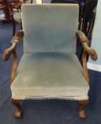 Early 20th Century mahogany framed open arm chair with the arms carved in the form of griffin